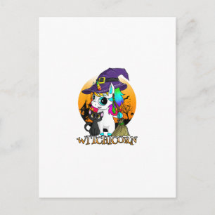 Cartão Postal Witchicorn Unicórnio Bruxa Halloween Gato Preto La