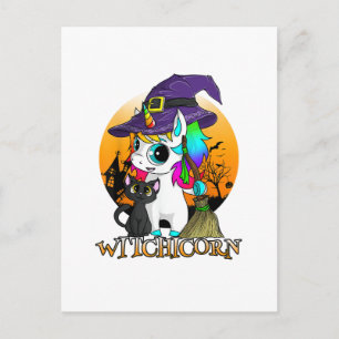 Cartão Postal Witchicorn Unicórnio Bruxa Halloween Gato Preto La