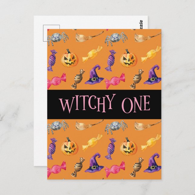 Cartão Postal "Witchy One" - Padrão Laranja do Dia das Bruxas (Frente/Verso)
