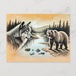 Cartão Postal Wolf and Bear Meet by River