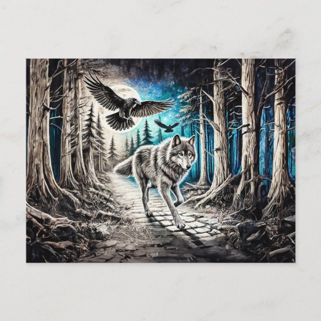 Cartão Postal Wolf and Raven in Moonlight (Frente)