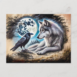 Cartão Postal Wolf and Raven on Rock at Full Moon