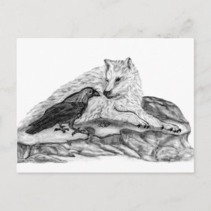 Cartão Postal Wolf e Raven design preto e branco