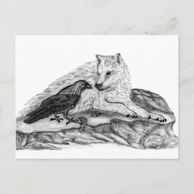 Cartão Postal Wolf e Raven design preto e branco (Frente)