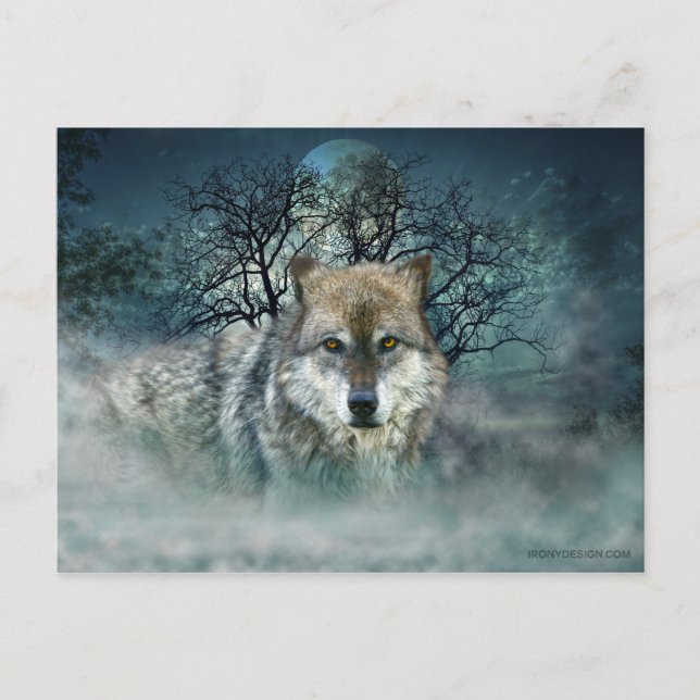 Cartão Postal Wolf Full Moon em Fog (Frente)