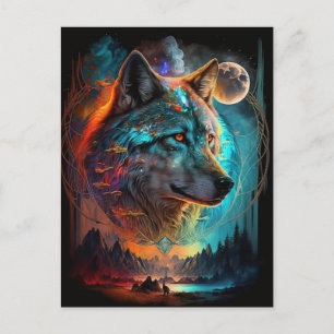 Cartão Postal Wolf Full Moon Landscape Surreal Fantasia