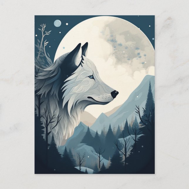 Cartão Postal Wolf Full Moon Mounains Fantasy Art (Frente)