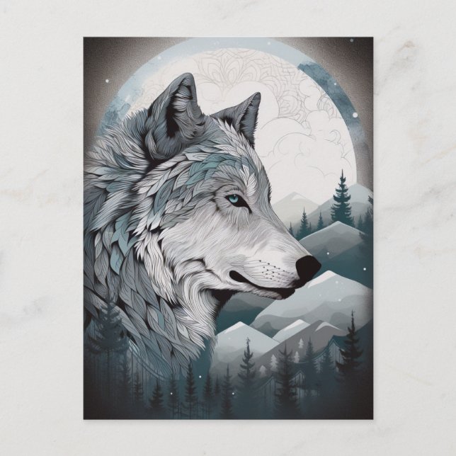 Cartão Postal Wolf Full Moon Mounains Fantasy Art (Frente)