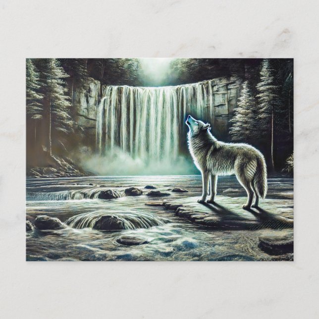 Cartão Postal Wolf Howling at Moon by Waterfall (Frente)