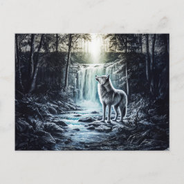 Cartão Postal Wolf Howling at Moon by Waterfall
