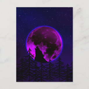 CARTÃO POSTAL WOLF HOWLING MOON MAGENTA