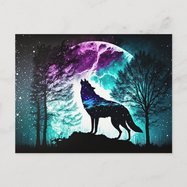 Cartão Postal Wolf Howling na Lua Galáxia Stars Animal (Frente)