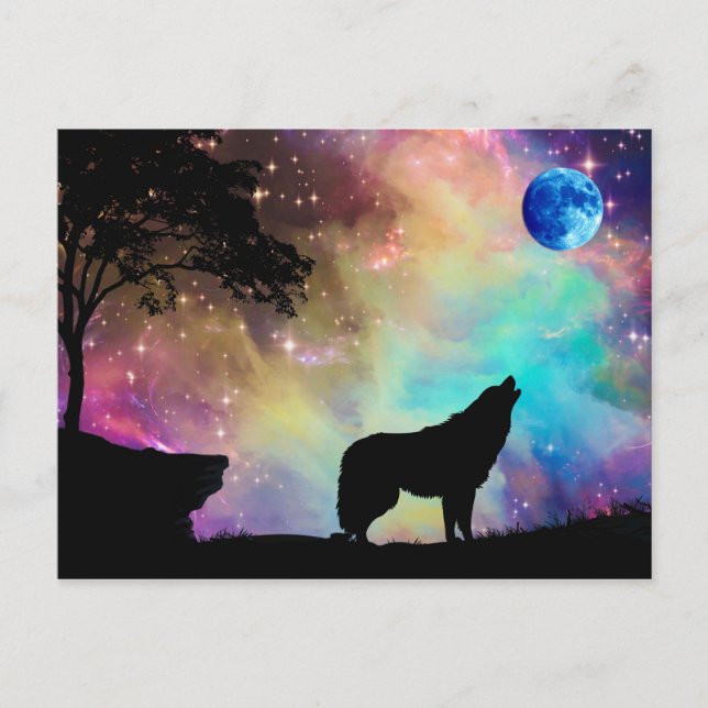 Cartão Postal Wolf Howling na Lua Galáxia Stars Animal (Frente)