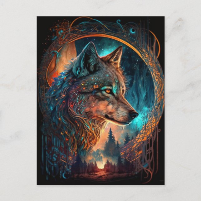 Cartão Postal Wolf Landscape Surreal Fantasy (Frente)