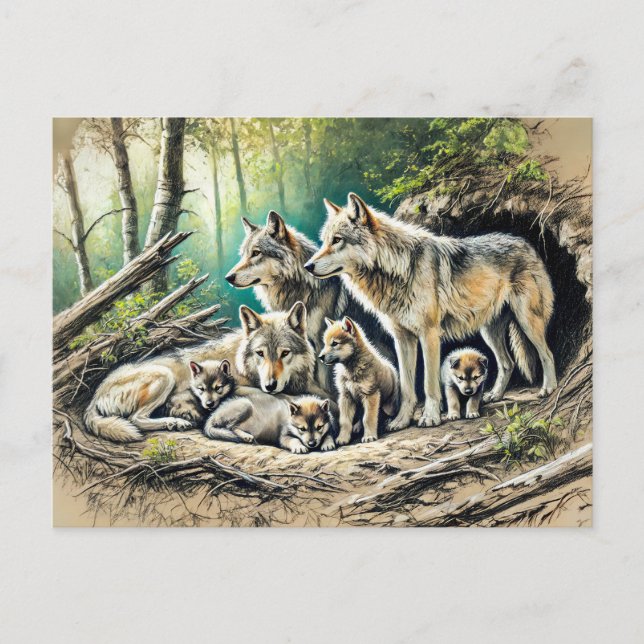 Cartão Postal Wolf Pack at the Den with Pups (Frente)