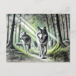 Cartão Postal Wolf Pack Moving Through Green Forest