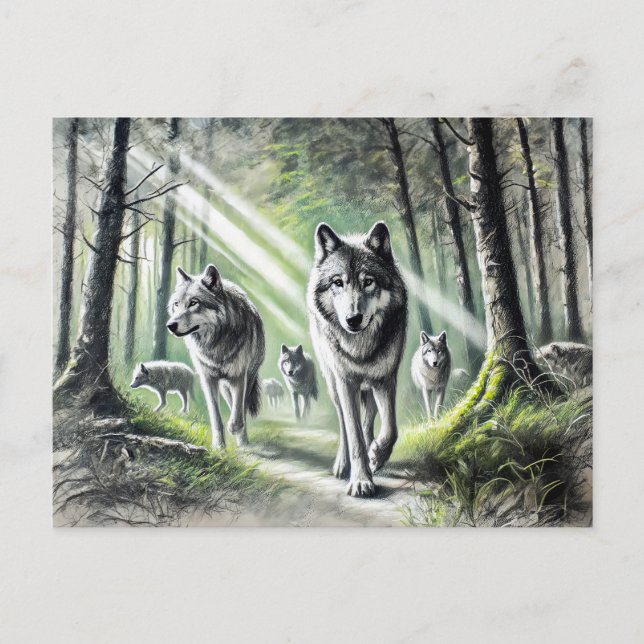 Cartão Postal Wolf Pack Moving Through Green Forest (Frente)