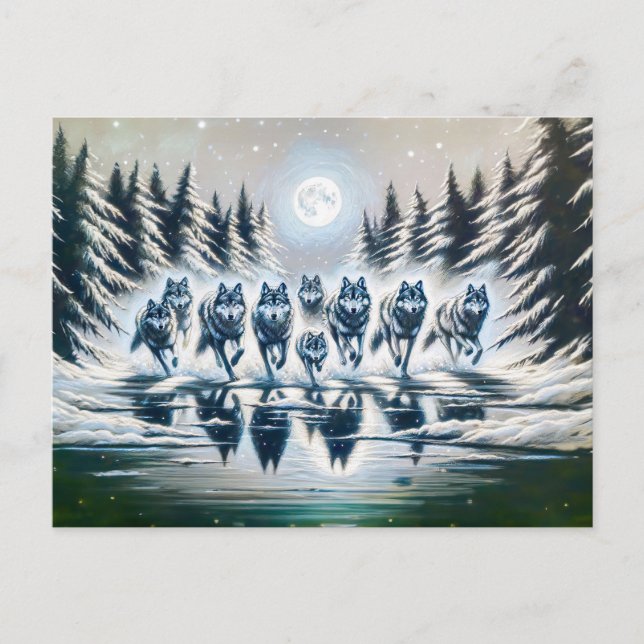 Cartão Postal Wolf Pack Running Through a Winter Lake (Frente)
