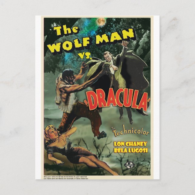Cartão Postal WOLFMAN VS DRACULA por Philip J. Riley (Frente)
