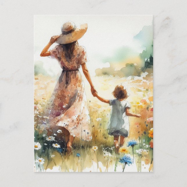 Cartão Postal Woman and Child in Field of Flowers Mother's Day (Frente)