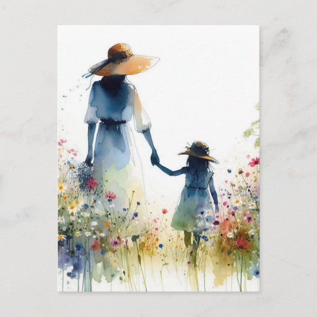 Cartão Postal Woman and Child with Flowers Floral Mother's Day (Frente)
