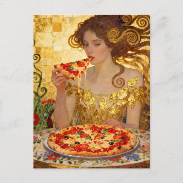 Cartão Postal Woman Eating Pizza Faux Klimt Art (Frente)
