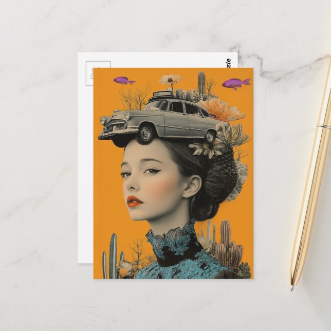 Cartão Postal Woman in Desert with fish and car Surreal collage (Frente/Verso In Situ)