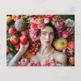 Cartão Postal Woman in floral dress with fruit display