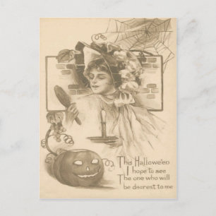 Cartão Postal Woman Jack O' Lanterna Candle Spider Web