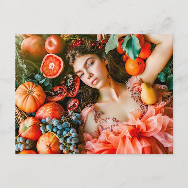 Cartão Postal Woman reclining among fruits and petals (Frente)