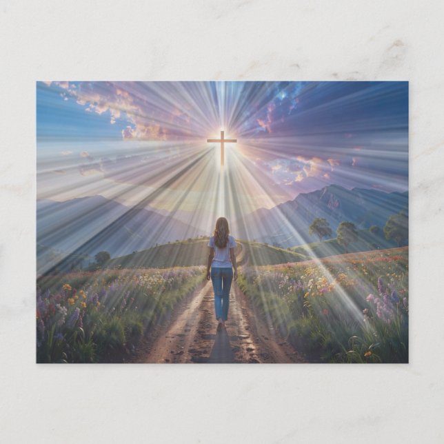 Cartão Postal Woman Walking Toward Glowing Cross – Faith Journey (Frente)