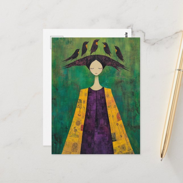 Cartão Postal Woman With Birds on Her Head  (Frente/Verso In Situ)