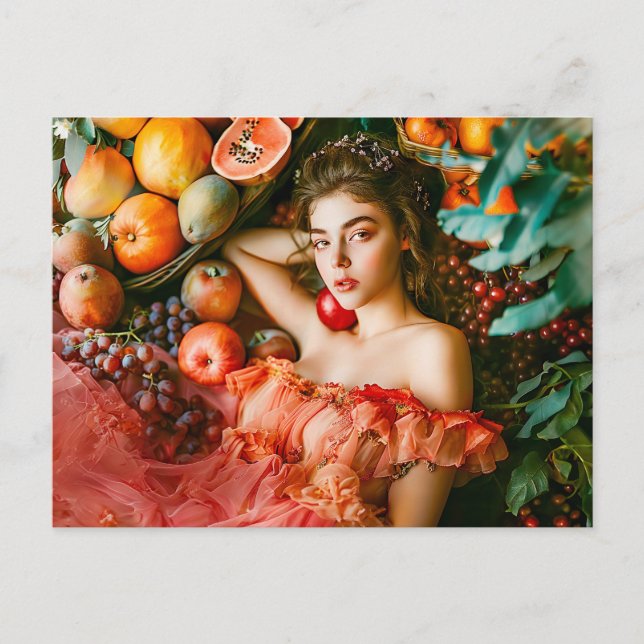 Cartão Postal Woman with fruits and flowers portrait style (Frente)