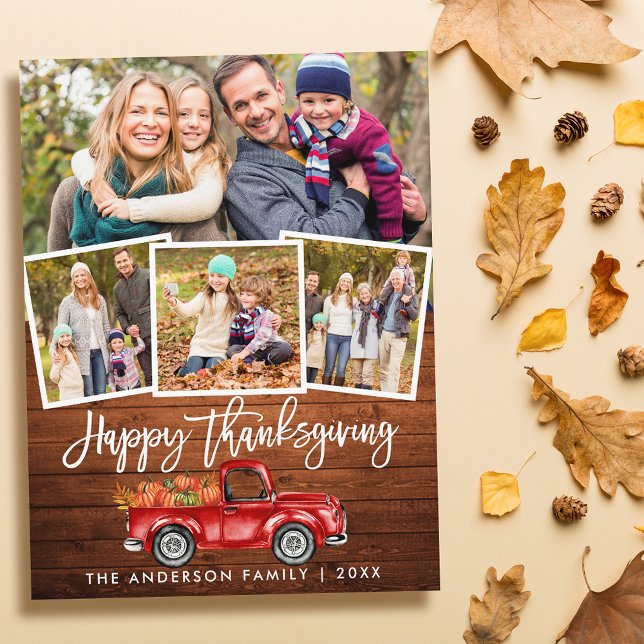 Cartão Postal Wood Brush Script Red Truck Ação de Graças 4 Foto (Customize to change your personalized text size or text style.)