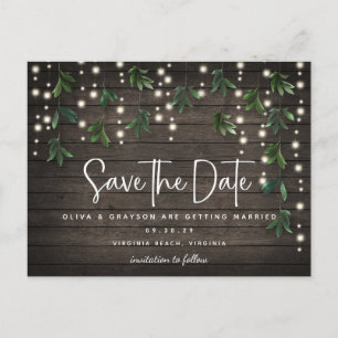 Cartão Postal Wood String Lights Script Casamento Salvar a Data