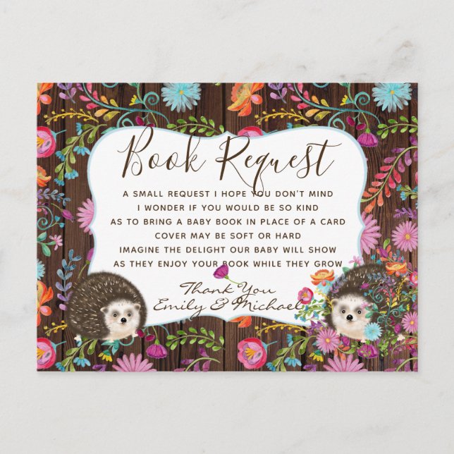 Cartão Postal Woodland Hedgehog BOOK Solicitação Poem 4 Chá de f (Frente)