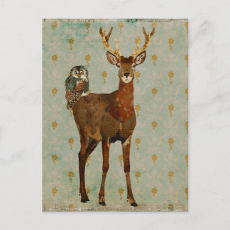 Cartão postal Woodsy Elk & Teal Owl Damask