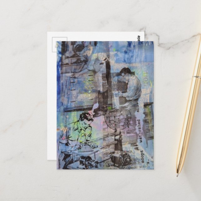 Cartão Postal Woodworking Retro Men on a Blue Background (Frente/Verso In Situ)