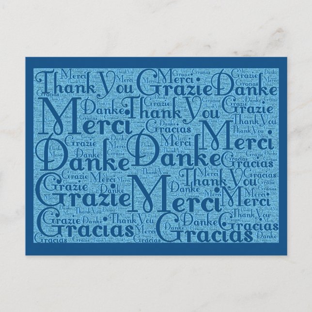 Cartão Postal Word Art: Obrigado em Várias Línguas - Azul Aqua (Frente)