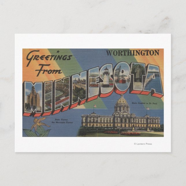 Cartão Postal Worthington, Minnesota - Cenas com letras grandes (Frente)