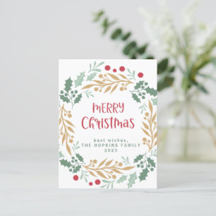 Cartão Postal Wreath e Script de Natal Feliz Natal