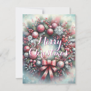 Cartão Postal Wreath Sage - Natal Personalizado Verde e Rosa