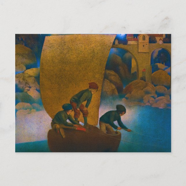 Cartão Postal Wynken, Blynken e Nod, 1905, por Maxfield Parrish (Frente)