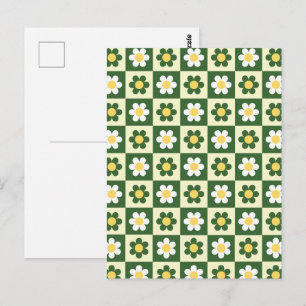 Cartão Postal Xadrez de Margarida em Verde Salvia e Creme Retro