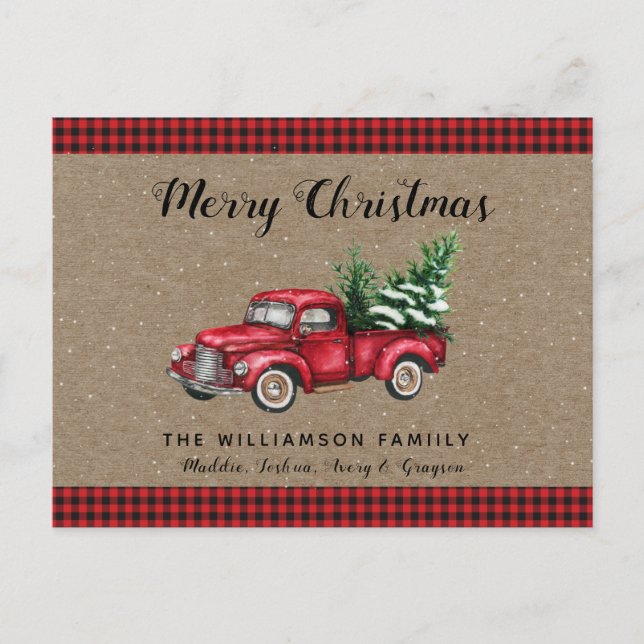 Cartão Postal Xadrez de Natal de Caminhão e Árvore Neve Natal (Frente)