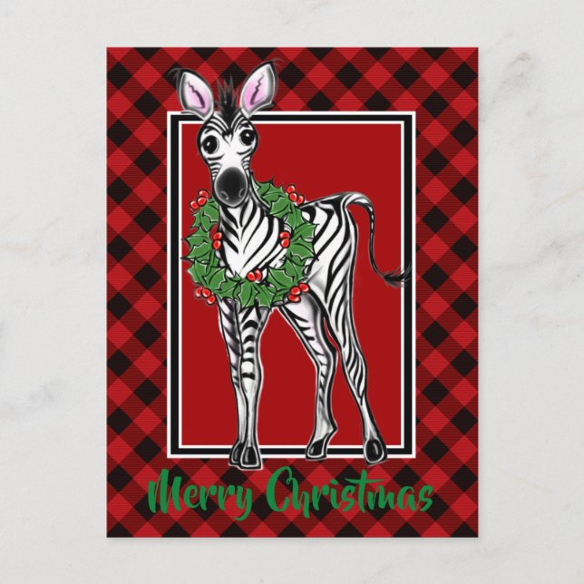 Cartão Postal Xadrez de Natal Elegante Zebra vermelha e  negra (Frente)