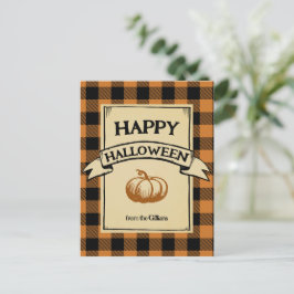 Cartão Postal xadrez laranja feliz do halloween