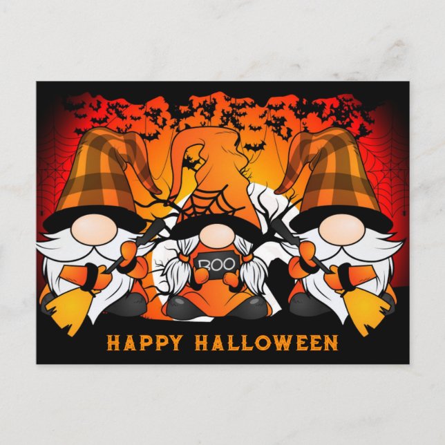 Cartão Postal Xadrez Laranja Gnomo Feliz de Halloween (Frente)