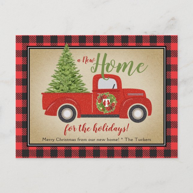 Cartão Postal Xadrez Rustic Red Christmas Truck Buffalo em Movim (Frente)