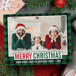 Cartão Postal Xadrez Verde de Fotos da Família de Feliz Natal M